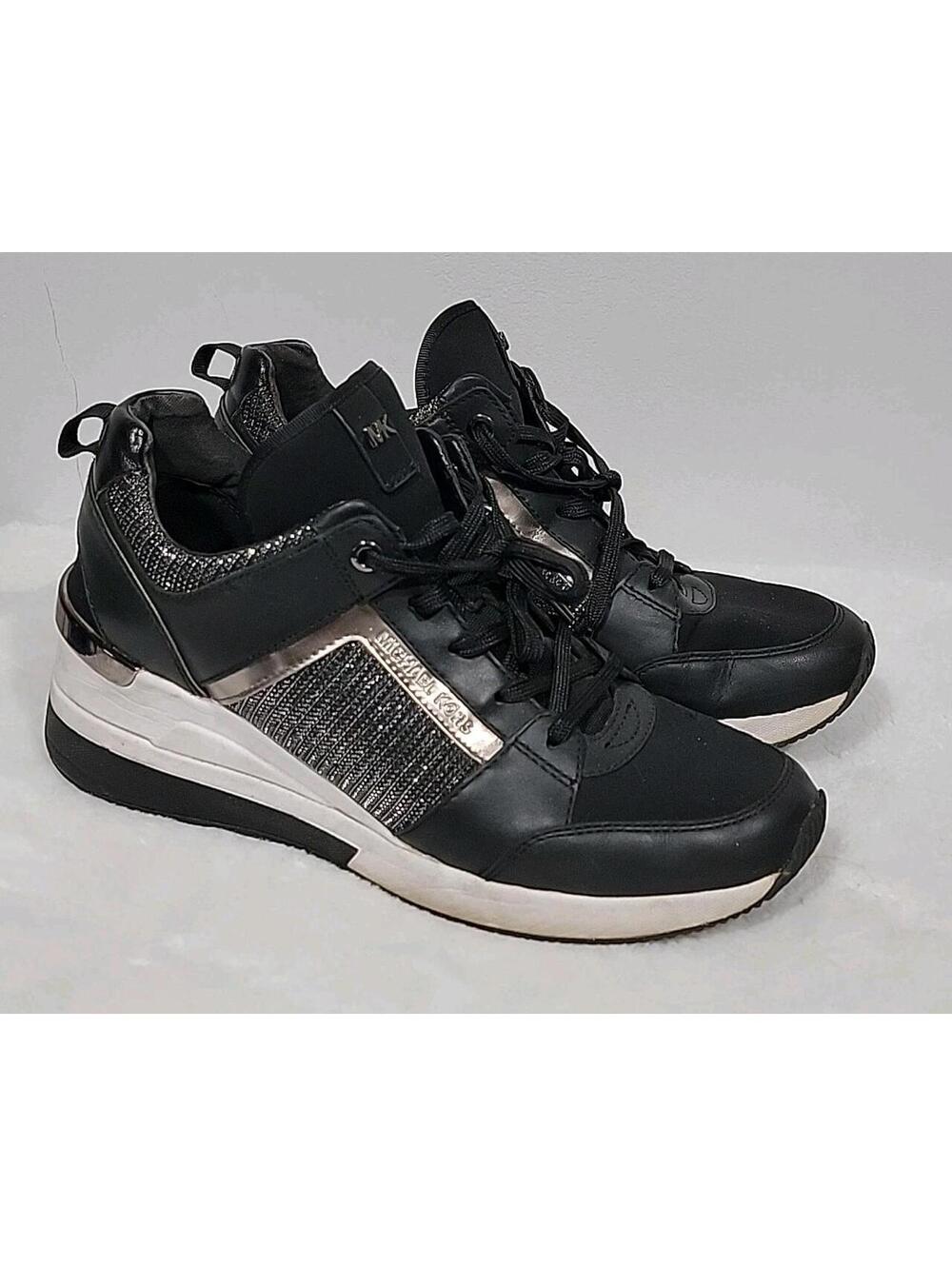 Michael Kors Georgia Mixed-media Wedge Sneakers In Black Size 9 - Picture 7 of 9